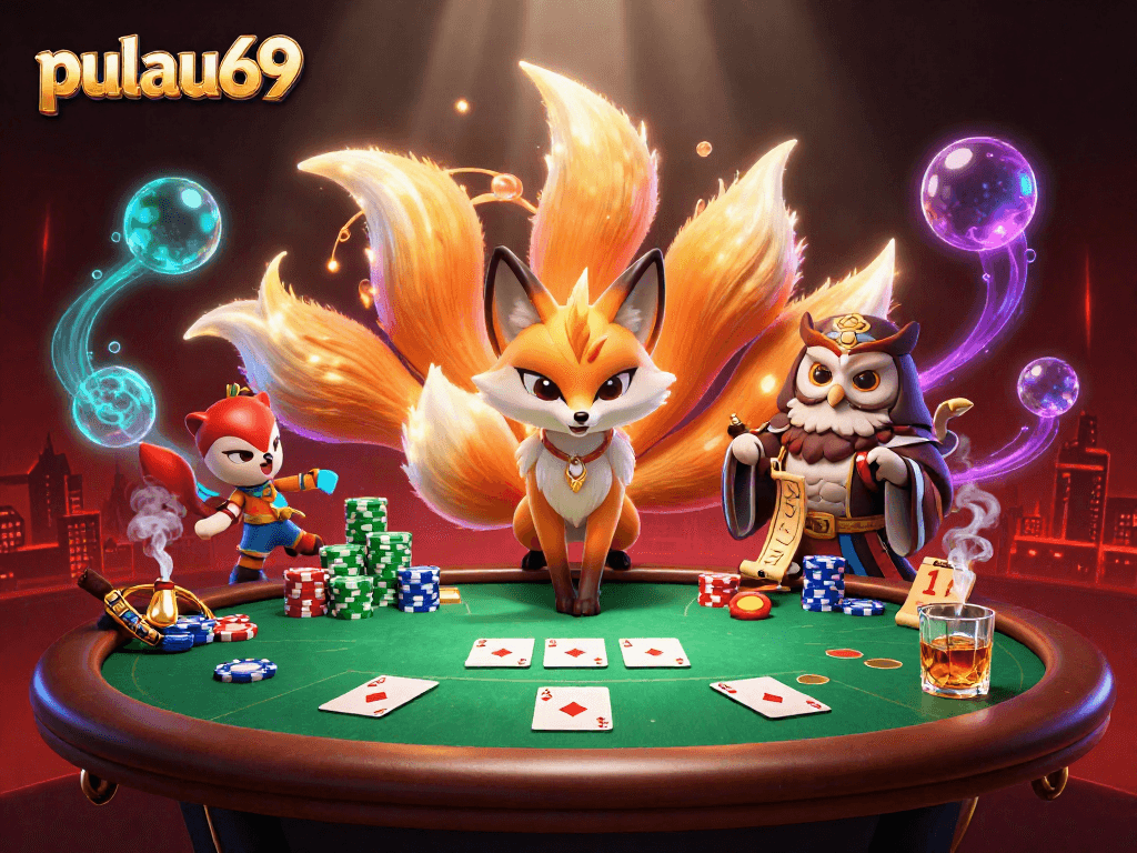 Engage with pulau69 in a vibrant casino scene featuring a glowing fox spirit and poker elements.