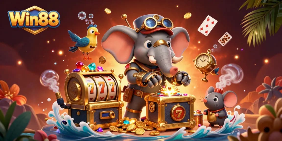 Experience Win88's thrilling slots adventure with a steampunk elephant engineer amidst vibrant treasures.