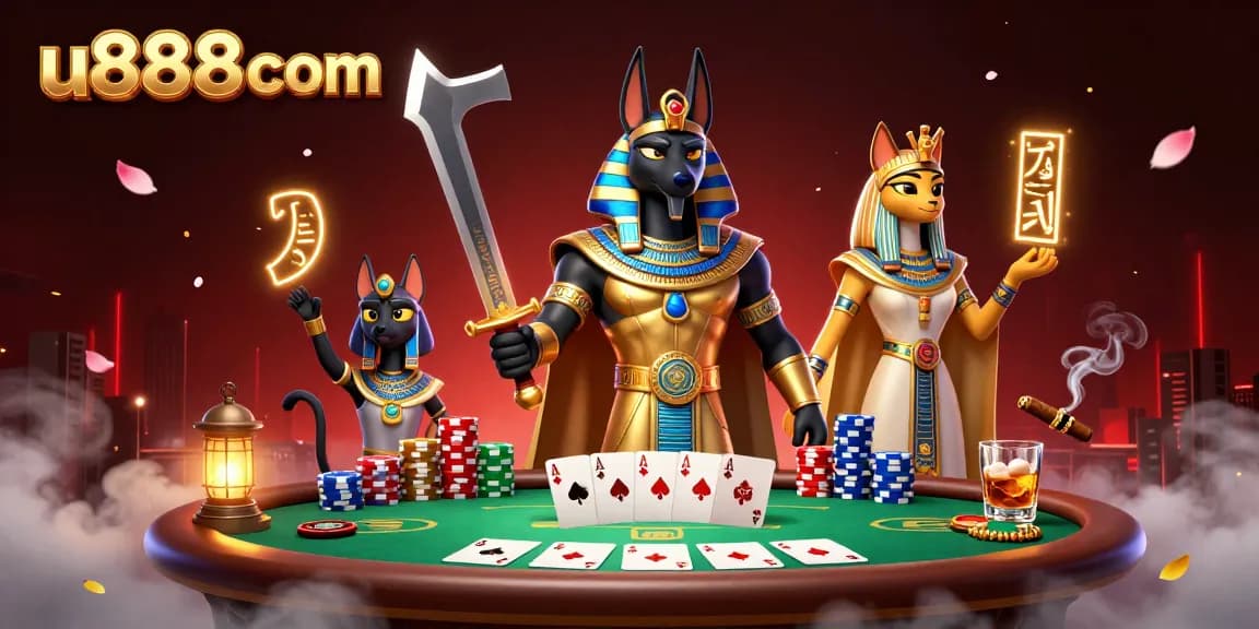 u888com gaming illustration featuring Anubis and Bastet amidst poker elements