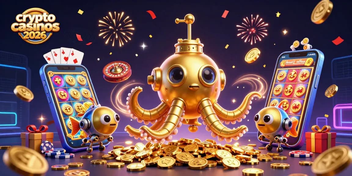 Image illustrant des casinos crypto 2026 avec un kraken doré entouré de pièces d'or et de jeux de cartes.