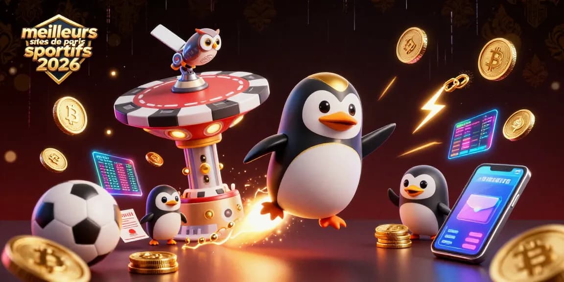 Illustration dynamique des meilleurs sites de paris sportifs 2026 avec un pingouin doré fusée et des éléments de mise en scène.