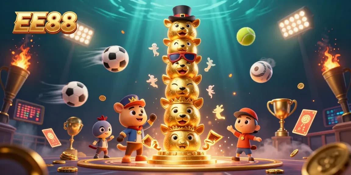 Experience the excitement of EE88 with vibrant sports and casino elements in a dynamic 3D scene.