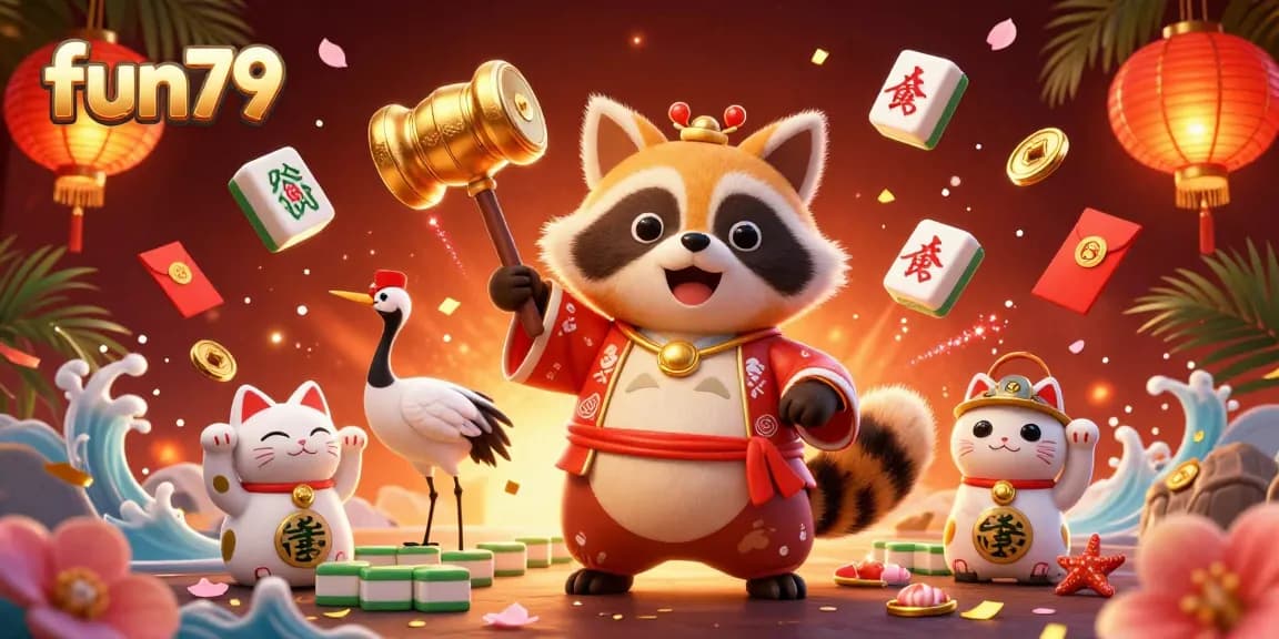 Engage in fun79 gaming with a vibrant scene of a cheerful tanuki and lucky symbols promoting an exciting casino experience.