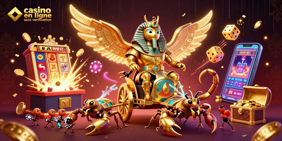 Jouez au casino en ligne sans vérification avec un scarabée doré en armure pharaonique entouré d'éléments de jackpot.