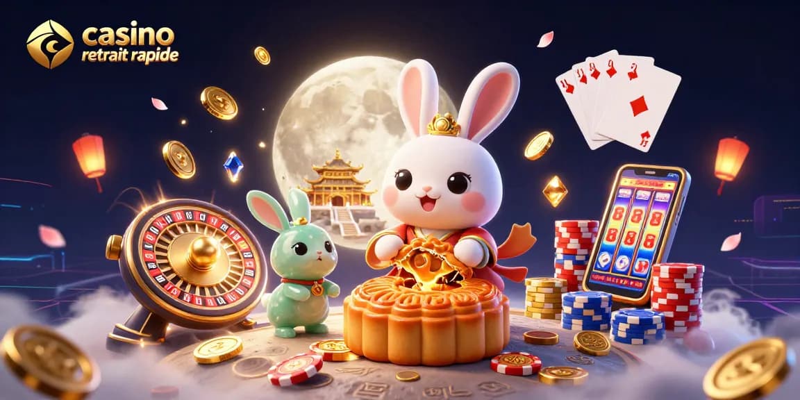 Le casino à retrait rapide lance des gains, avec un lapin lunaire et des jetons de poker.