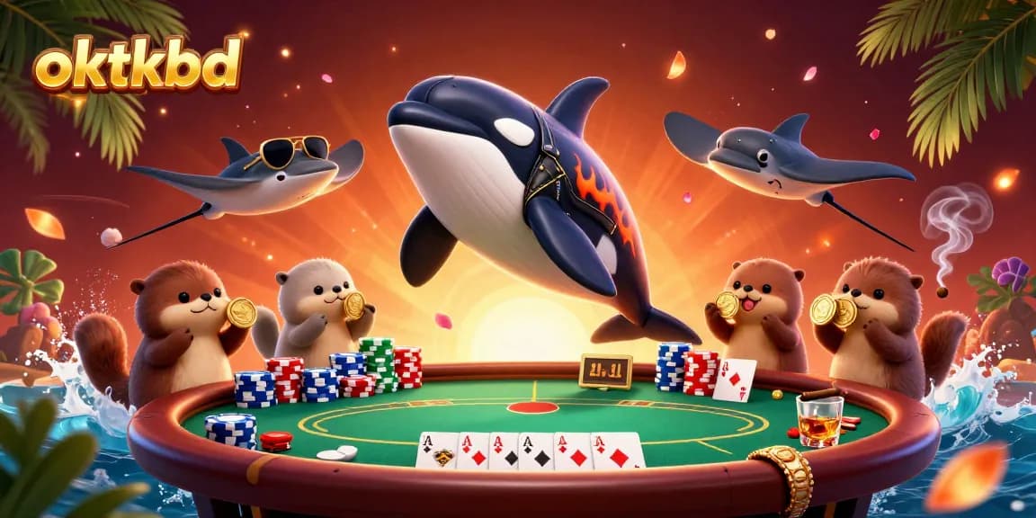 Experience the excitement of oktkbd with a dynamic poker scene featuring an orca, stingray, and sea otters.