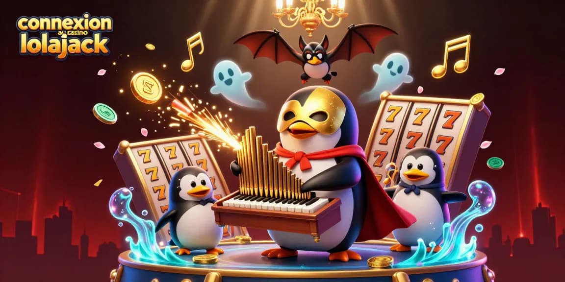 Accédez à la connexion au casino lolajack avec une ambiance animée de machines à sous et des éléments dorés scintillants.