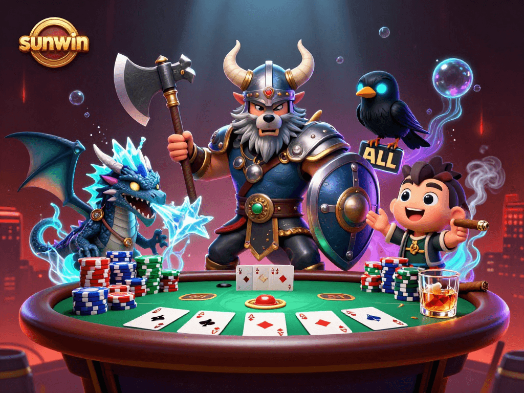 Experience the thrill of sunwin with vibrant casino action featuring a Viking wolf, dragon, and poker elements.
