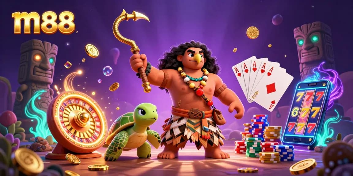 Experience immersive gaming at m88 with a vibrant illustration of a Polynesian demigod surrounded by casino elements.
