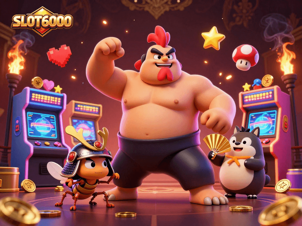 Experience the excitement of SLOT6000 with an energetic illustration of a sumo wrestler rooster, fierce cricket, and tanuki announcer.