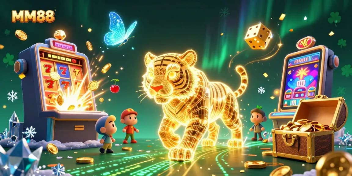 Engage with MM88's vibrant 3D casino realm featuring a golden tiger and dynamic slot elements.