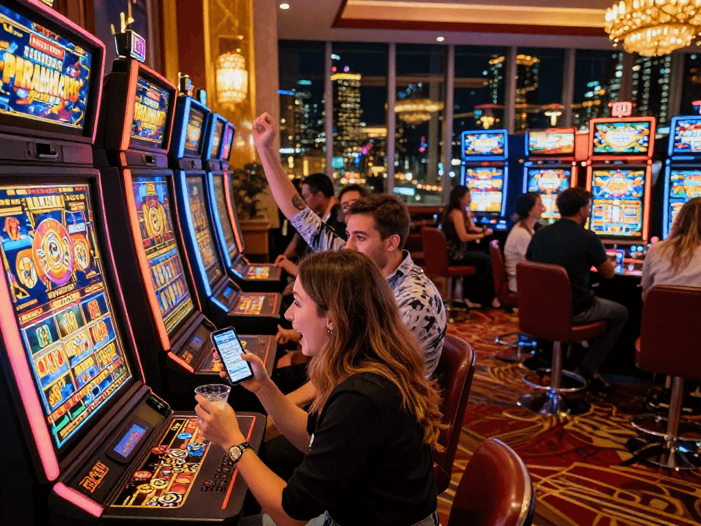 Celebrating a slot jackpot win amid lively casino action.