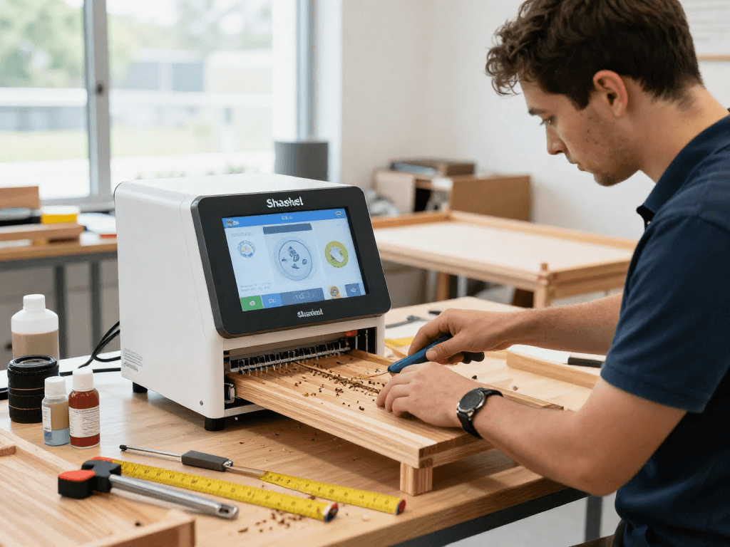 Shashel microwave equipment in a wood treatment workshop eliminating woodworms effectively.