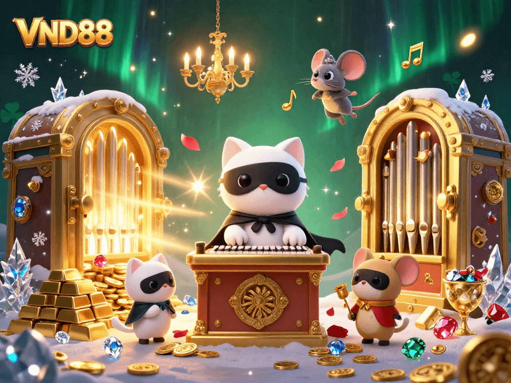 Experience VND88's thrilling casino atmosphere with a whimsical scene of a cat and acrobat amidst riches.