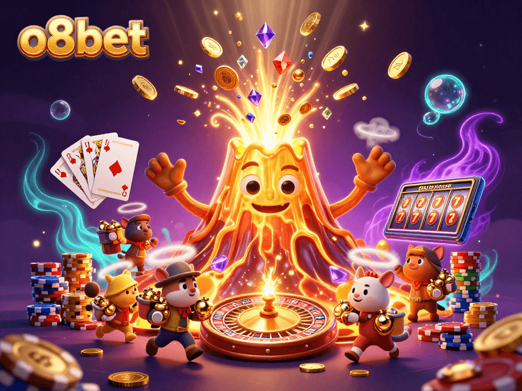 Winning at o8bet: a vibrant 3D casino scene filled with coins, cards, and excitement.