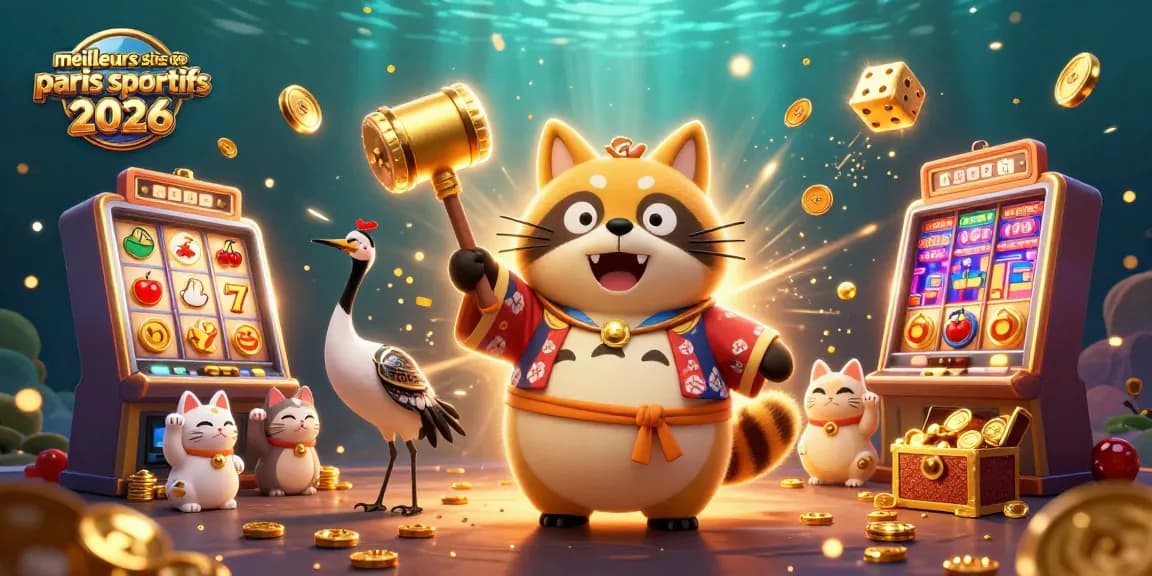 Illustration colorée des meilleurs sites de paris sportifs 2026, mettant en avant un tanuki chanceux et des symboles de casino