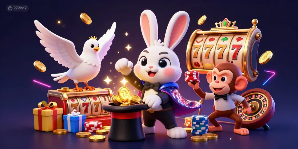 Win big with 222bd2's thrilling casino adventures featuring vibrant characters and magical elements.