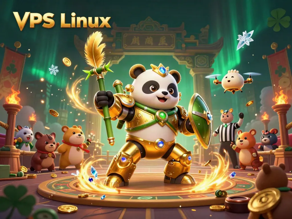 Engaging action scene featuring VPS Linux-themed mech-suit panda in a vibrant casino arena.