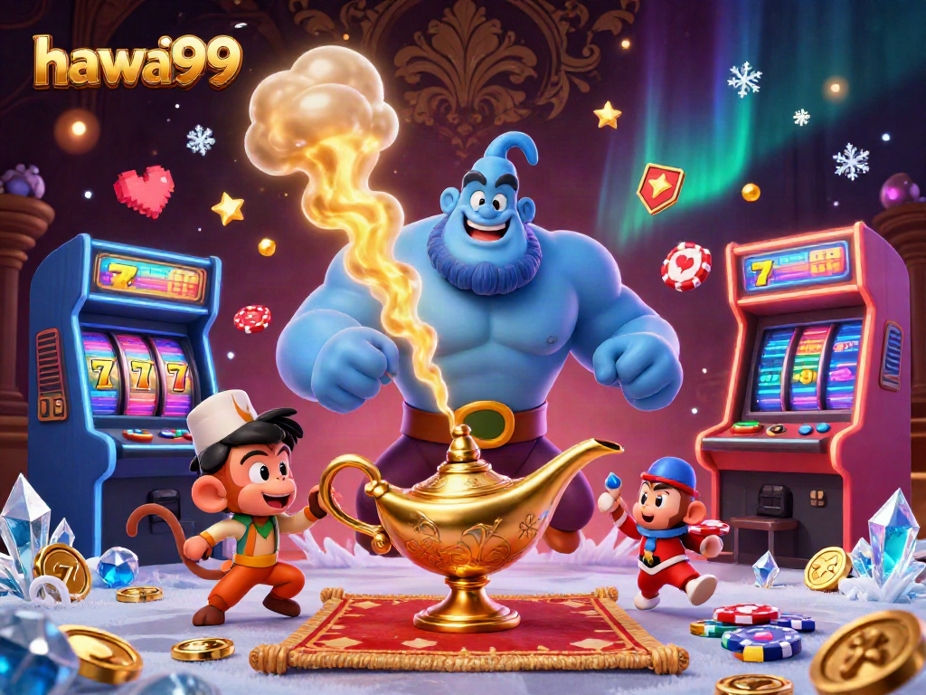 Join the gaming action with hawai99, featuring a vibrant 3D casino scene with a genie and slot machine elements.