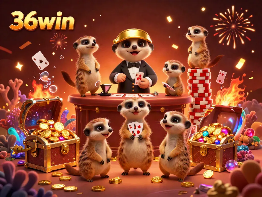 Experience vibrant casino action with 36win as meerkats play games among treasure and festive decorations.