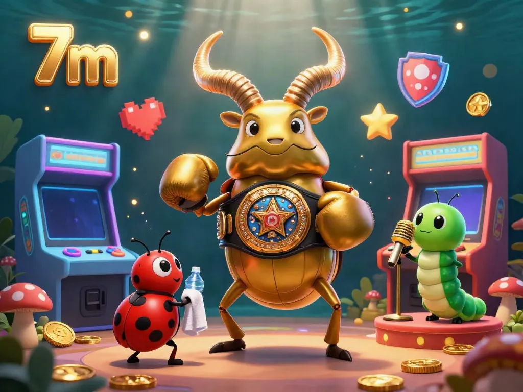 Engage with 7m's vibrant gaming scene featuring a champion beetle, reflecting the excitement of live scores and bets.