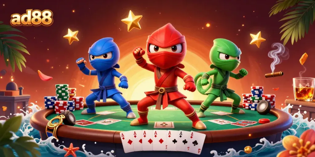 Engage in thrilling gameplay with ad88 as ninja chameleons showcase poker mastery amidst vibrant casino elements.