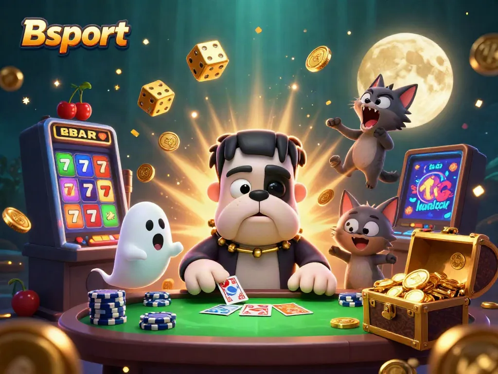 Experience thrilling action at Bsport with a colorful 3D casino scene featuring a monster dealer, flowing chips, and jackpot coins.