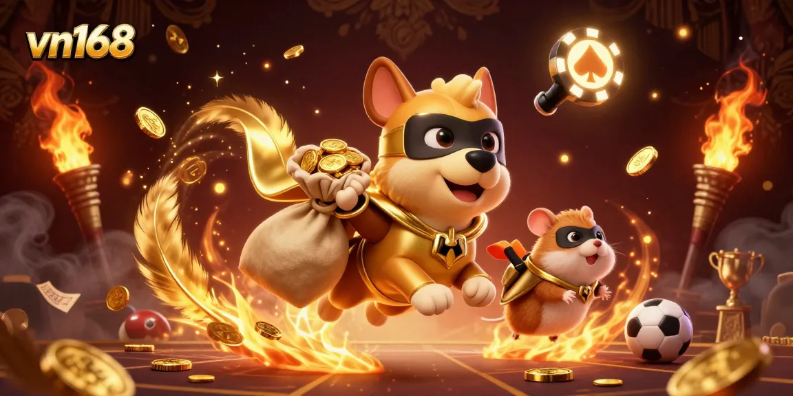 Experience thrilling gameplay at vn168 with our superhero dog and hamster in a vibrant casino atmosphere.