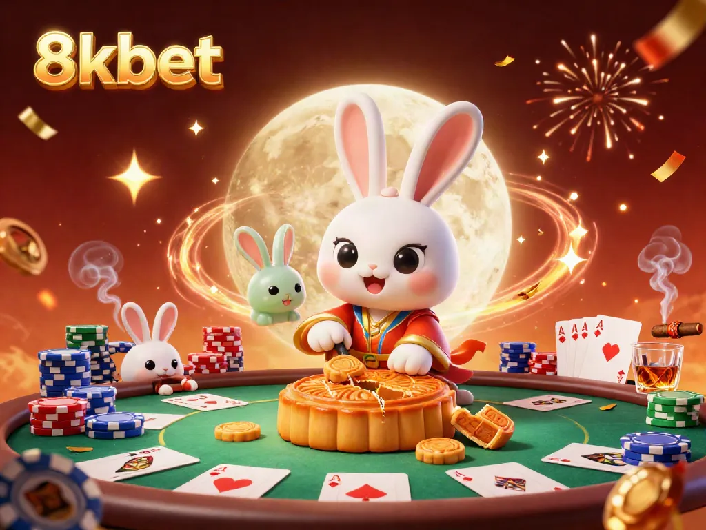 Engage with 8xbet's vibrant casino scene featuring a moon rabbit and poker elements in a lunar setting.