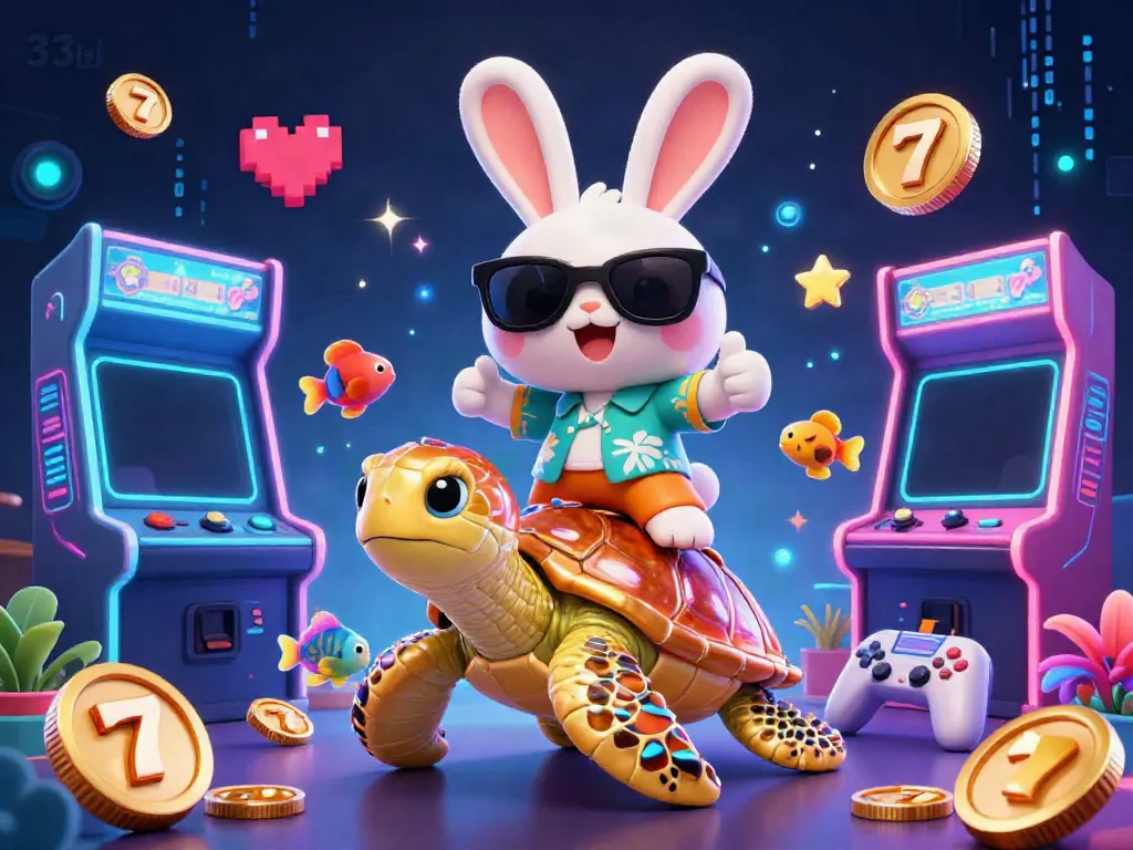Experience fun with 33bd's dazzling slots while the lucky rabbit and sea turtle embark on an adventure.