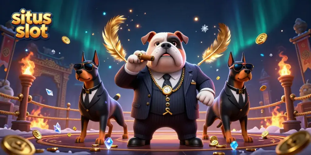 Ilustrasi kasino 3D menampilkan "situs slot" dengan karakter mafia dan elemen permainan yang dinamis.
