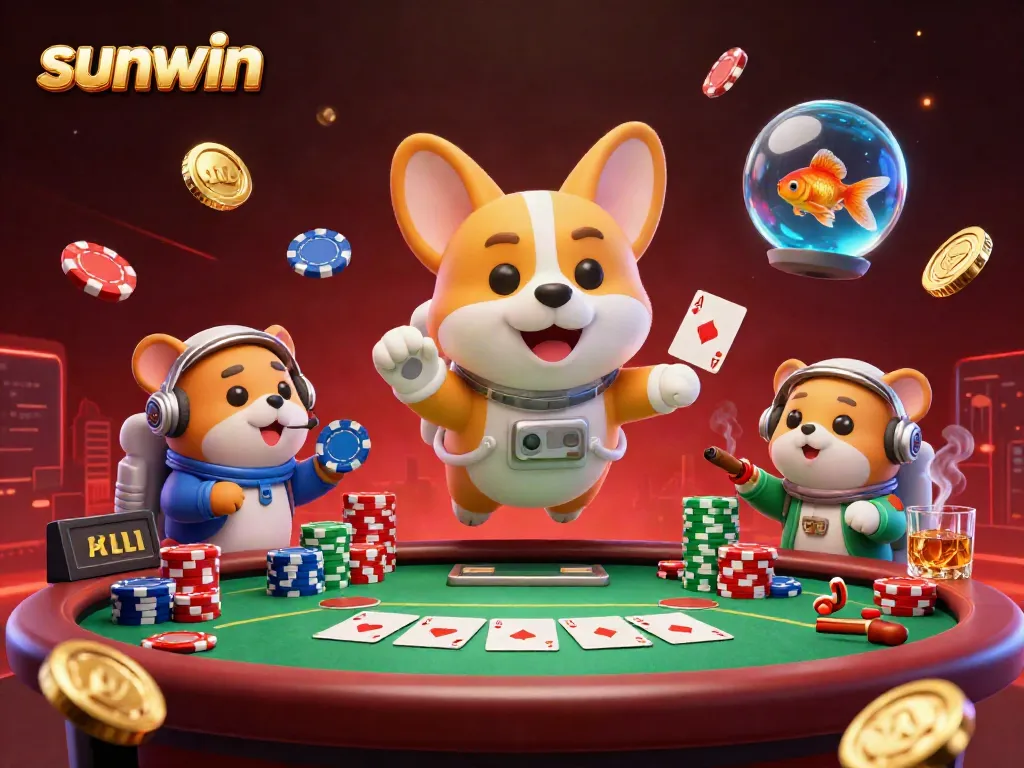 Play poker in a space-themed casino with sunwin branding and whimsical characters.