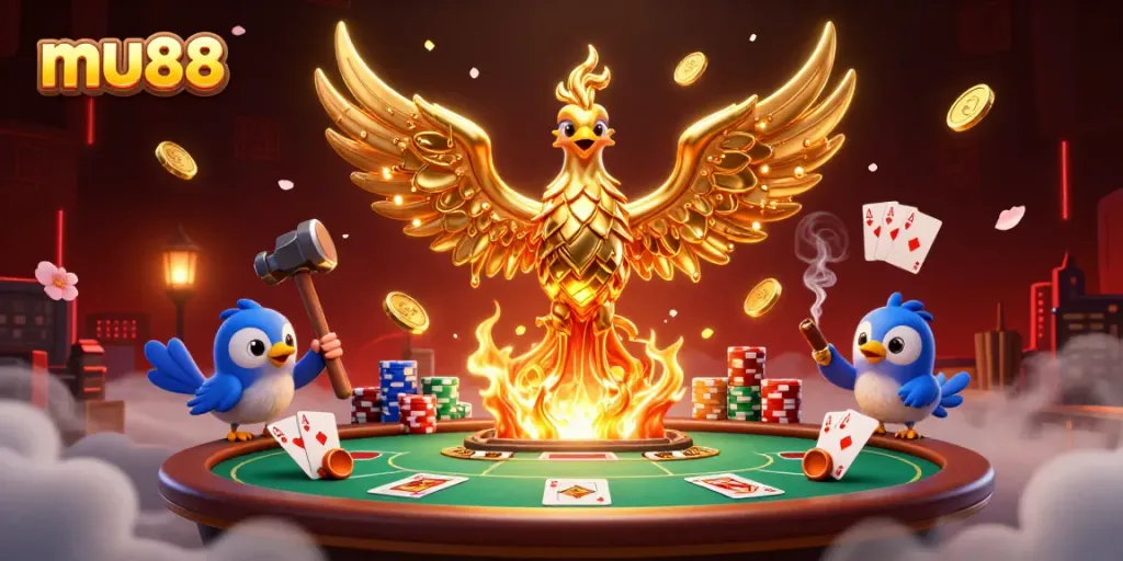 Experience thrilling games at mu88 with a golden phoenix symbolizing fortune and excitement in this vibrant casino illustration.