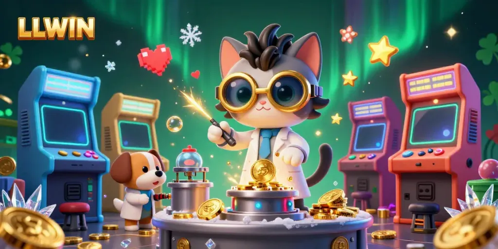 Win big at LLWIN with a vibrant 3D illustration showcasing a mad scientist cat and a loyal dog in a lively casino lab.