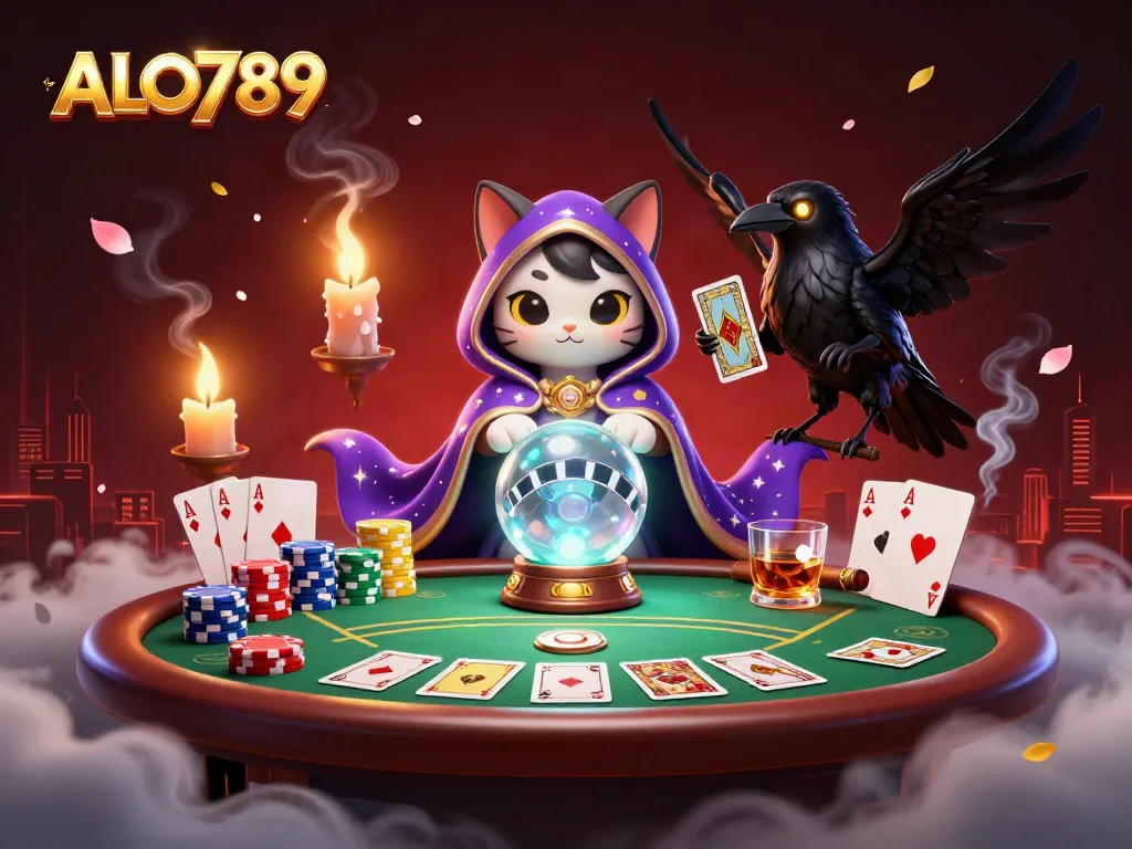 Watch ALO789's thrilling gaming scene with a mystic cat and raven amidst vibrant poker elements.