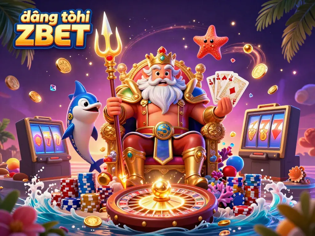 Experience the excitement of đăng ký ZBET with a vibrant 3D casino scene featuring Neptune and game elements.