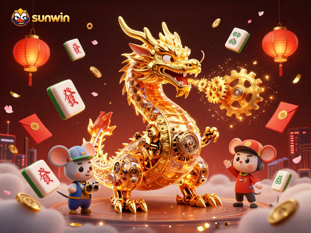 Engage with the dynamic sunwin casino experience featuring a golden dragon and festive elements.