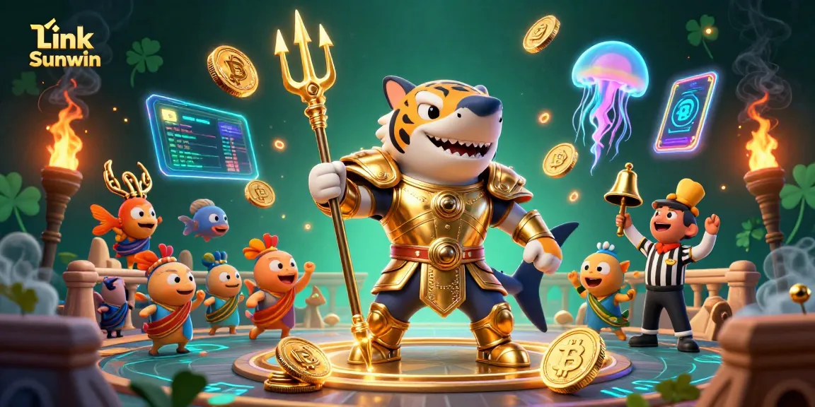 Engage with Link Sunwin at an underwater colosseum featuring a golden shark gladiator ready for action.