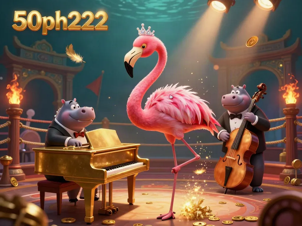 Engage with 50ph222's vibrant casino scene, featuring a flamingo lounge singer and hippo bassist performing.