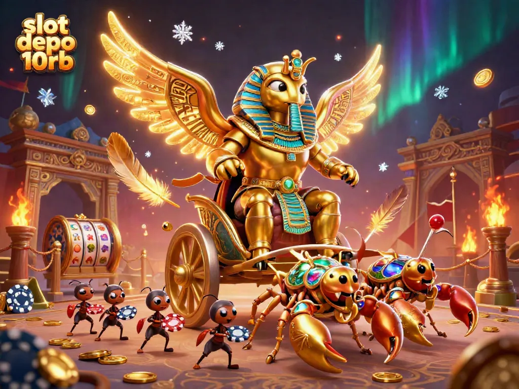 Spin reels and win with the slot depo 10rb scene featuring golden scarab beetle and scorpions.