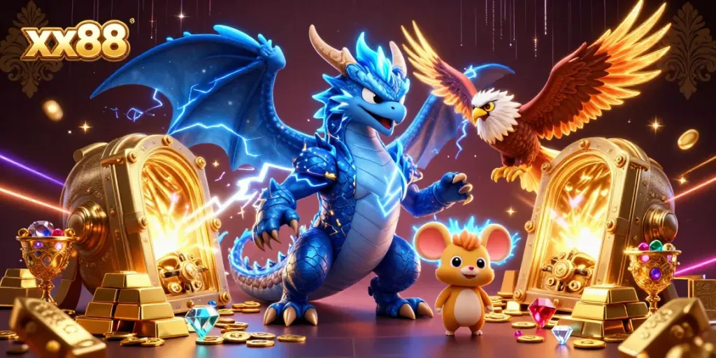 Experience thrilling online gaming with xx88's dynamic casino scene featuring vibrant characters and treasures.