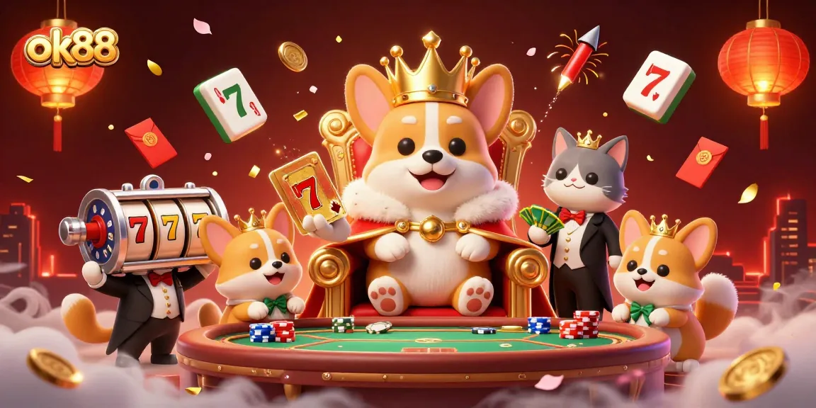 Experience the excitement of ok88 with a lavish 3D casino scene featuring a royal corgi and vibrant gaming symbols.