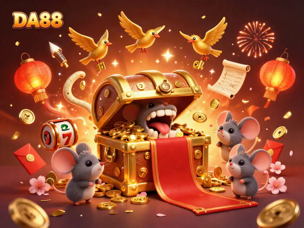 Join the thrilling casino adventure at DA88, featuring a treasure chest, adventurer mice, and dynamic slot reels.