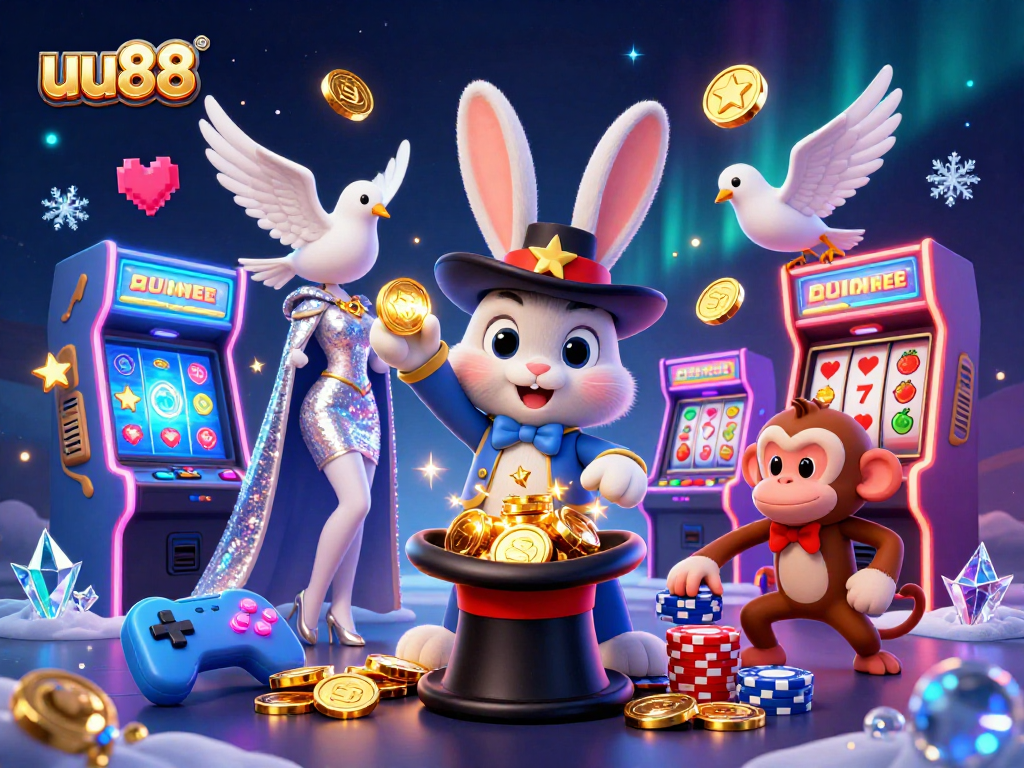 Engage with uu88 casino action featuring a magician rabbit, sequined dove, and playful monkey in a vibrant gaming scene.