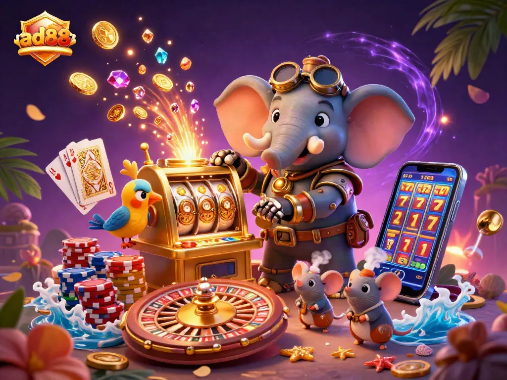 Win big with ad88 in this vibrant 3D illustration featuring steampunk characters and casino elements.