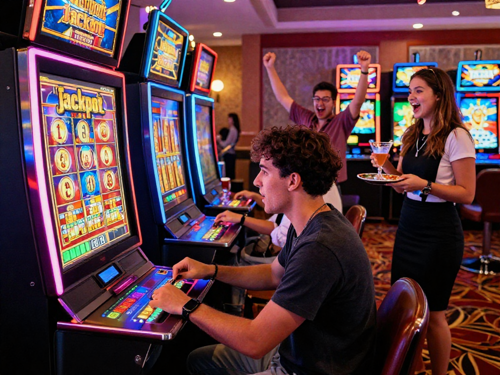 Exciting slot jackpot moment with players celebrating wins amidst vibrant casino lights.