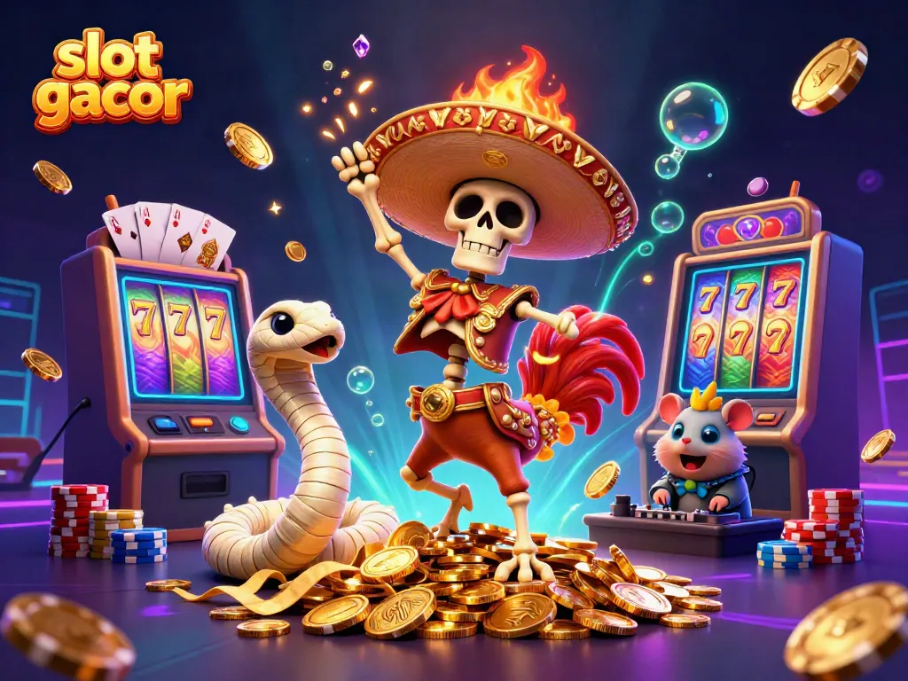 Experience slot gacor excitement with a dynamic 3D illustration featuring casino characters and elements.