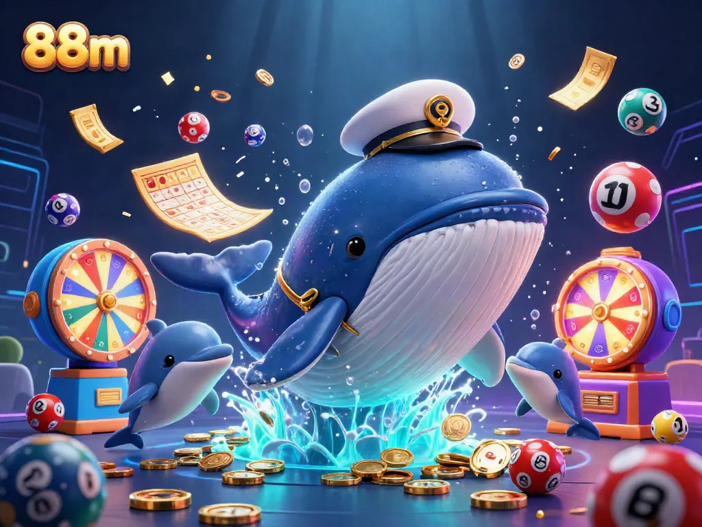 Experience the excitement of 88m with a whale captain and friendly sea creatures in a vibrant casino scene.