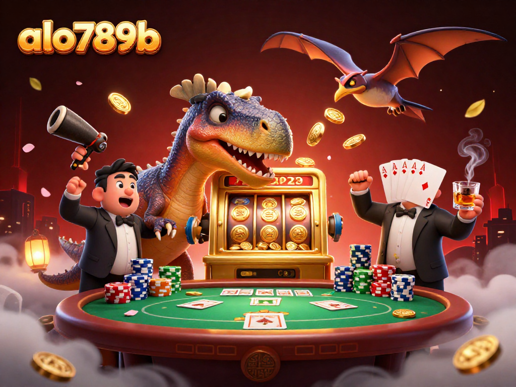 Watch alo789b unleash jackpot coins as a pachycephalosaurus headbutts a golden slot machine in a lively scene.