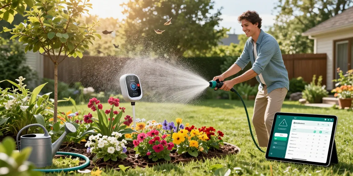 Homeowner using rainpoint smart sprinkler controller in a vibrant garden to ensure optimal plant care.